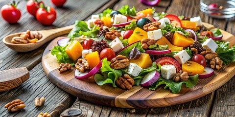 Colorful salad with nuts, cheese, and vegetables on a wooden board