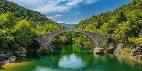 Fototapeta premium Photo of the Kato bridge in Greece, with its two stone arches over an emerald green river