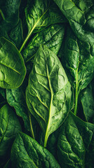 Fototapeta premium A close up of a bunch of green spinach leaves. The leaves are fresh and vibrant, and they are arranged in a way that creates a sense of abundance and health