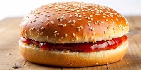 Close up of a hamburger bun topped with sauce and sesame seeds, representing American cuisine and fast food