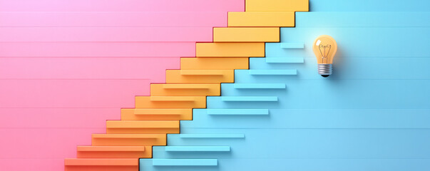 Obraz premium A staircase with a light bulb on top of it. The light bulb is lit up and is surrounded by colorful steps. Concept of creativity and innovation, as the light bulb represents an idea or a new concept