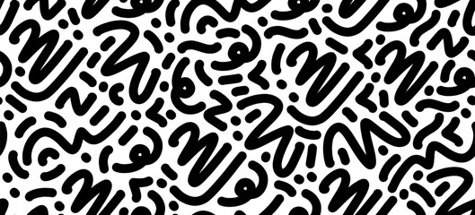 Fun line doodle seamless pattern. Monochrome wave pattern. Black white wallpaper