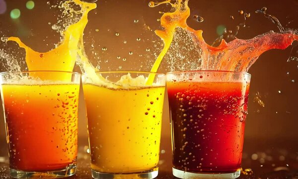 Three refreshing splashing drinks with ice cubes with ai generated.
