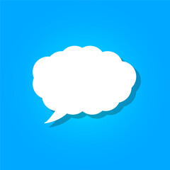 White speech bubble. Blue background focus. Simple chat icon. Vector illustration.