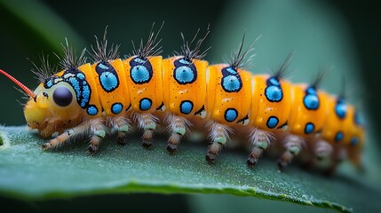 Fototapeta premium Vibrant yellow and blue caterpillar with black spots crawling on a green leaf.