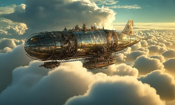 Steampunk airship flying above the clouds with ai generated.
