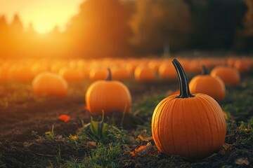A pumpkin patch at sunset, with rows of vibrant orange pumpkins bathed in golden sunlight. Colorful trees in the background add to the festive and warm autumn atmosphere.






