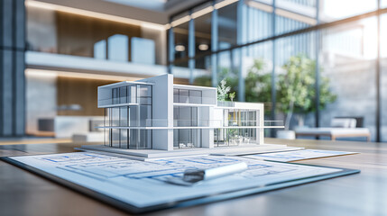 3d blue prints of a real estate project on a table in modern office, business 