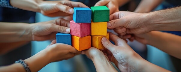 Hands of diverse people stacking blocks to build a tower, representing teamwork and cooperation