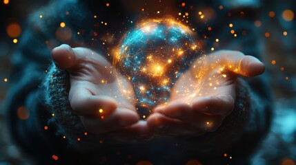 A close-up of hands holding a glowing digital globe, symbolizing global connectivity, technology, and the future of innovation.
