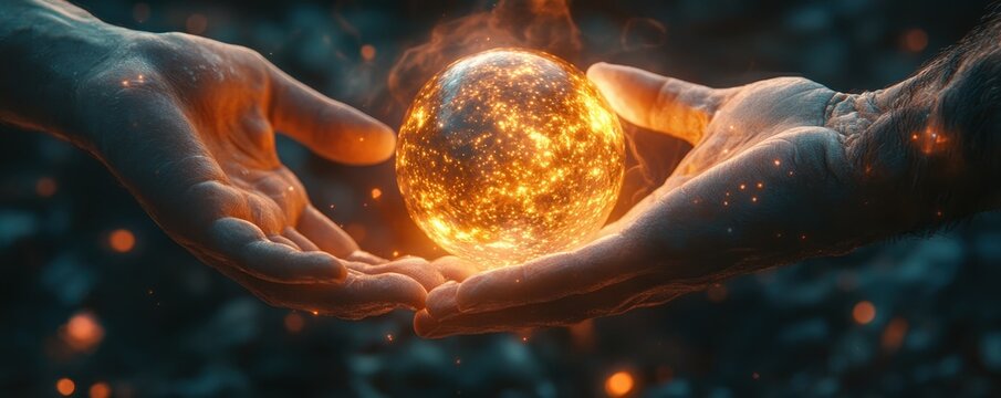 Hands of multiple generations exchanging a glowing orb, symbolizing guidance and knowledge transfer