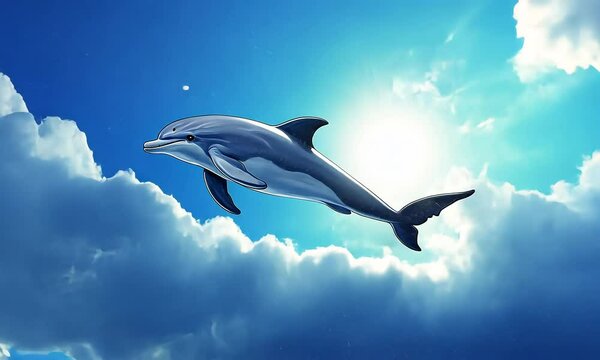 Dolphin swimming through clouds in surreal sky with ai generated.

