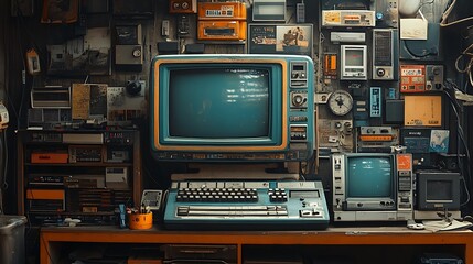 Vintage computer and electronics on a desk with a wall full of gadgets.