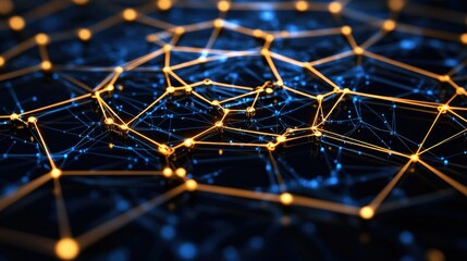 Obraz premium Abstract network structure with glowing nodes and connections, depicting technology, data, and innovation in a digital space.