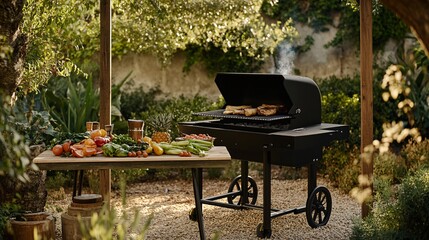 Barbecue grill with vegetables and fruits on a table in a backyard.