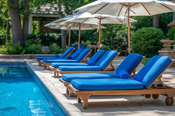 Obraz premium Luxurious Blue Sunbeds by Outdoor Pool with White Umbrellas and Green Trees