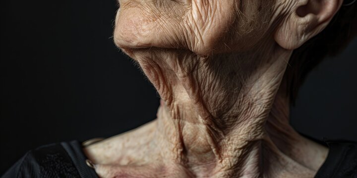 Close-up of an older woman's upper body revealing a scar from pacemaker surgery beneath her collarbone, exhibiting dry and wrinkled skin two years after the procedure.