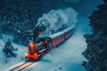 A red steam train chugging through a snowy forest, capturing the magic of Christmas.





