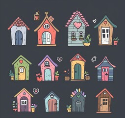 set of cute houses cartoon, icons vector illustration clipart element, prnt, business, workart