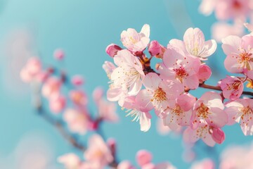 Sunny Day Close-Up: Pink Cherry Blossoms on Tree Branch with Blue Sky Background