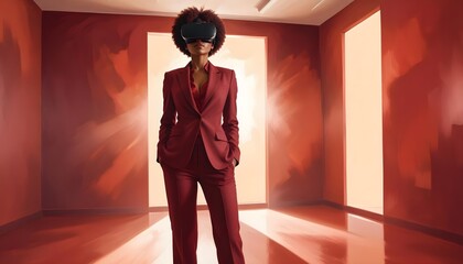 Young woman using VR virtual reality headset in studio portrait white background