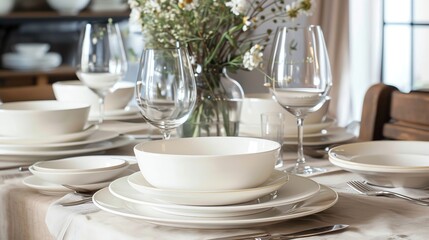 A table set with white plates, bowls, and wine glasses.