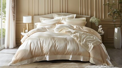 A made bed with a cream-colored duvet cover and white pillows.
