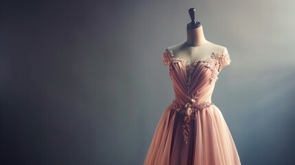 A pink formal dress with beaded embellishments on a mannequin.