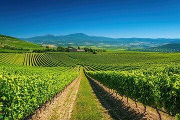 Fototapeta premium Rolling vineyards basking in the summer sun, with rows of grapevines laden with fruit. A stone winery perched on a hill overlooks distant mountains under a clear blue sky, embodying a Mediterranean su