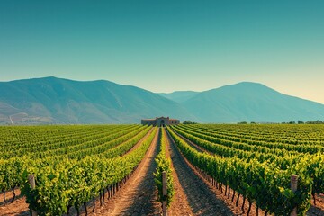 Fototapeta premium Rolling vineyards basking in the summer sun, with rows of grapevines laden with fruit. A stone winery perched on a hill overlooks distant mountains under a clear blue sky, embodying a Mediterranean su