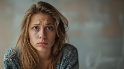 Studio portrait of a young woman with a worried look of concern or fear. Furrowed brow. Copy space. Anxious expression.