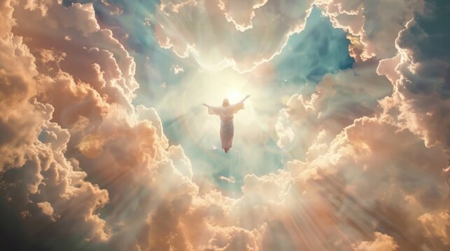 Christ ascending to heaven above the bright light sky and clouds