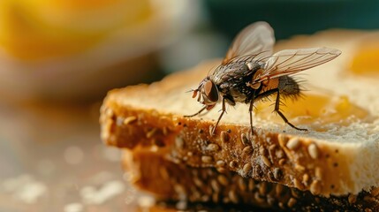A fly on a piece of bread, showcasing the direct contamination of food and the urgent need for pest control measures