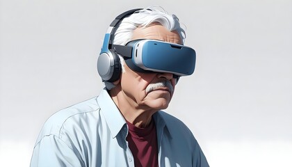 Elderly man using VR virtual reality headset in studio portrait white background