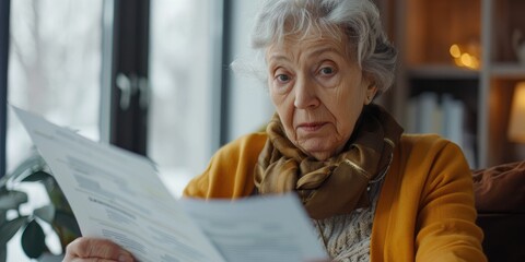 Elderly woman evaluating documents, assessing contract specifics, and scrutinizing bills at home, confronting difficulties and pondering over uncertainties.