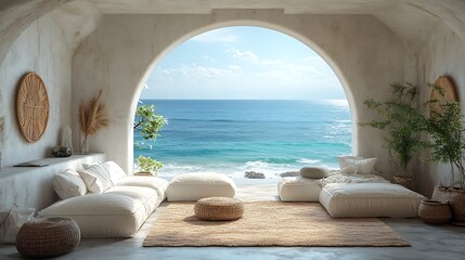 Fototapeta premium White couch and pillows in a living room with a view of the ocean through an arched doorway.