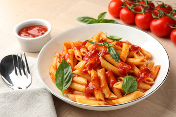 Delicious pasta with tomato sauce and basil served on wooden table, closeup