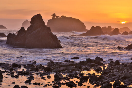 Sunset and sea stacks along Northern California coastline, Crescent City