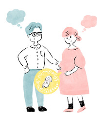 妊娠した事による不安や悩みを抱える夫婦のイラスト