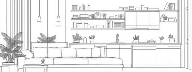 Line interior home art room design illustration outline sketch furniture. Home line sofa interior house doodle continuous lineart one office lamp chair decor hand living table apartment background.