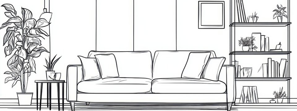 Line interior home art room design illustration outline sketch furniture. Home line sofa interior house doodle continuous lineart one office lamp chair decor hand living table apartment background.