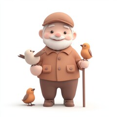 Naklejka premium Kawaii Elderly Man Feeding Birds - 3D Clay Icon in Blender 6