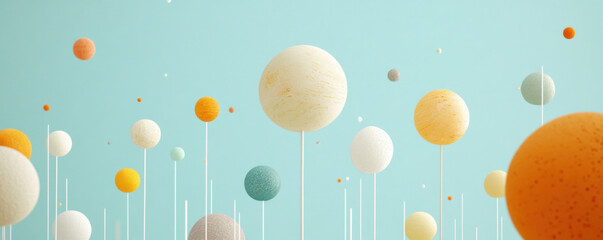 Fototapeta premium A colorful image of many different colored balls, some of which are orange and some are yellow. The image has a playful and whimsical mood, with the balls appearing to be floating in the air