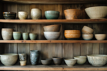 Rustic Wooden Shelf Featuring an Assortment of Handcrafted Decorations and Home Decor