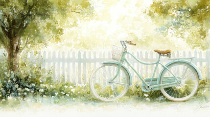 Fototapeta premium A bicycle is sitting in a grassy area next to a white fence. The scene is peaceful and serene, with the bike as the focal point