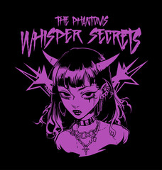 Anime gothic japanese graphic t shirt design for print, horror japanese girl vector illustration, dark Anime japan style