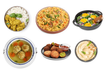 Hummus, falafel balls, matzo balls, pilaf, shakshuka and rice with curry on white background. Collection with dishes of different national traditional cuisines