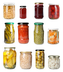 Glass jars with different pickled and canned foods on white background, set