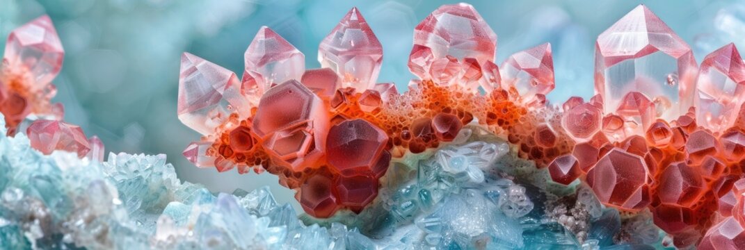 Close-up of red heulandite with pink stilbite on bluish chalcedony.