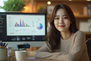 A Korean woman portrait, content with her corporate job, analyzes financial infographics and charts on her office computer